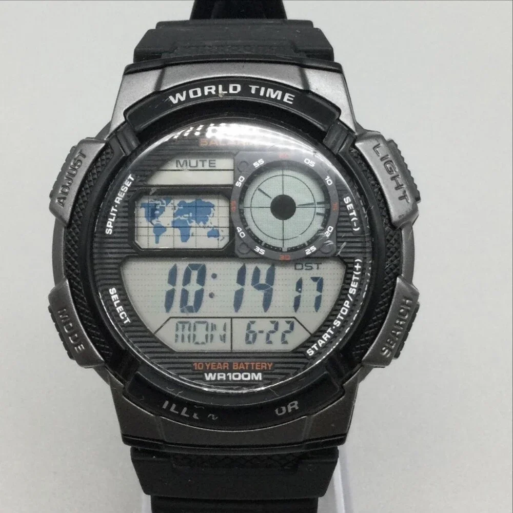 Casio 3198 AE1000W Mens Watch 44mm Black Gray WORLD TIME 5 Alarms Timer